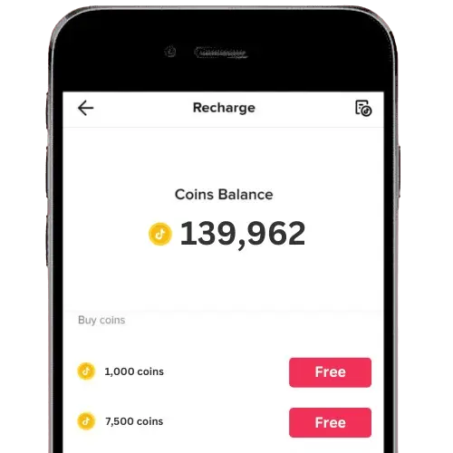 TikTok Coins Balance showing 139,962 coins with free recharge options for 1,000 and 7,500 coins. Get free TikTok coins easily in 2025.